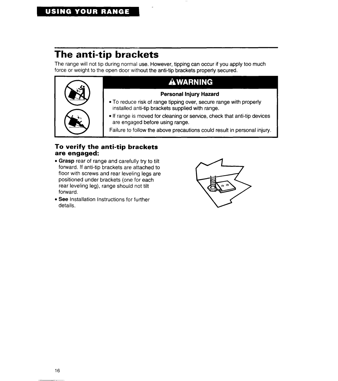 Whirlpool SF304BSA, SF302BSA/BEA, 8SF302PSY warranty Anti-tip brackets, To verify the anti-tip brackets are engaged 