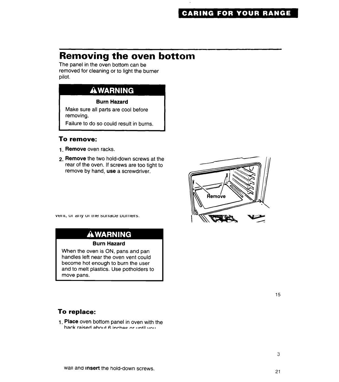 Whirlpool SF302BSA/BEA, SF304BSA, 8SF302PSY warranty Removing the oven bottom 