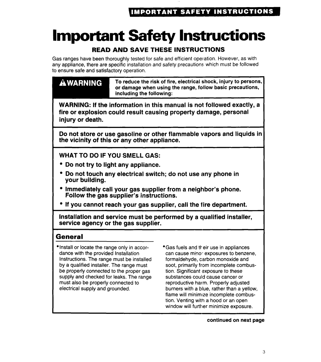 Whirlpool SF302BSA/BEA, SF304BSA, 8SF302PSY warranty Important Safety Instructions, Read and Save These Instructions 