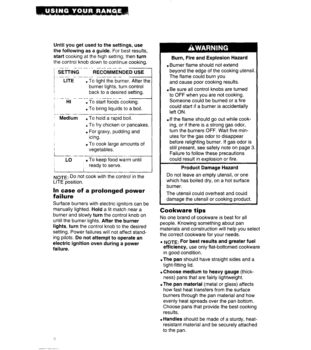 Whirlpool 8SF302PSY, SF302BSA/BEA, SF304BSA warranty Case of a prolonged power failure, Cookware tips, Use, Setting, Lite 