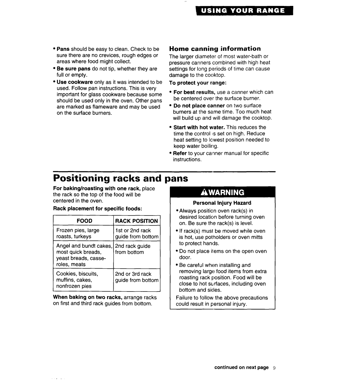 Whirlpool SF302BSA/BEA, SF304BSA, 8SF302PSY warranty Positioning racks, Pans, Home canning information, Food 