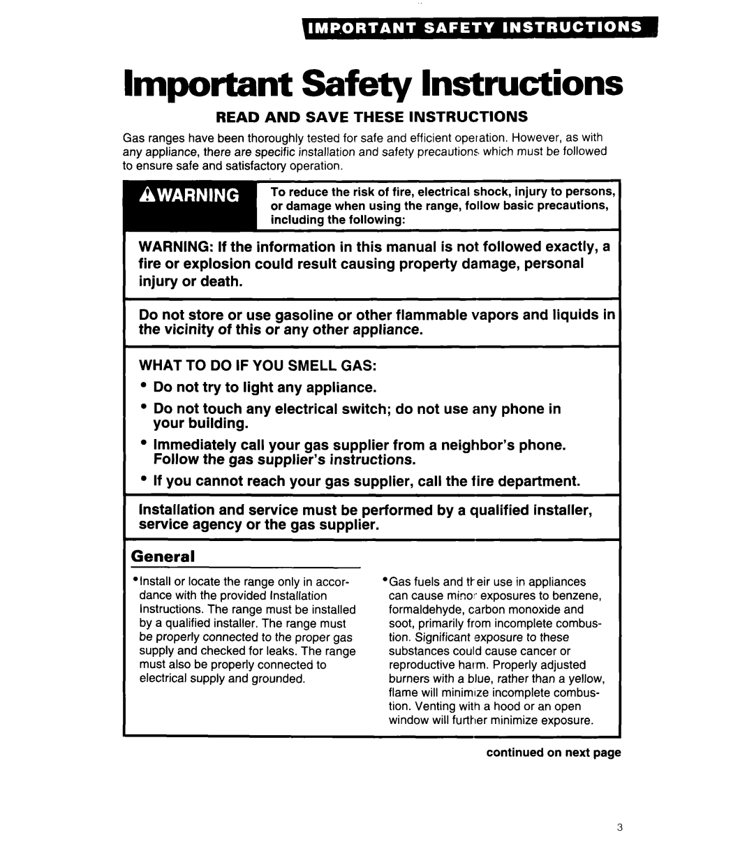 Whirlpool SF302BSA/BEA, SF304BSA, 8SF302PSY warranty Important Safety Instructions, General 