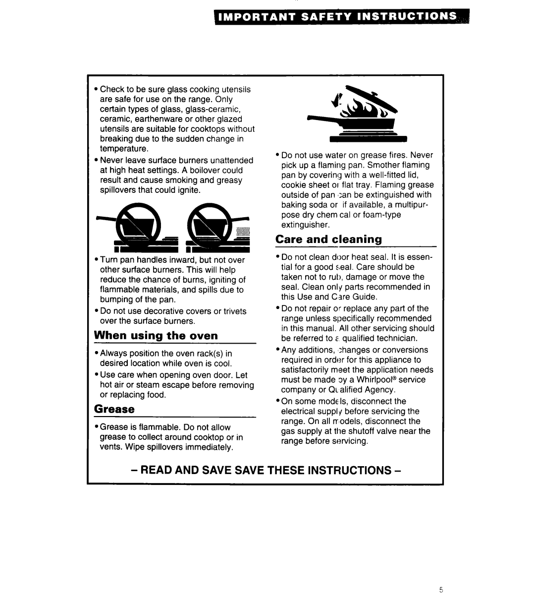 Whirlpool 8SF302PSY, SF302BSA/BEA When using the oven, Grease, Care and cleaning, Read And Save Save These Instructions 