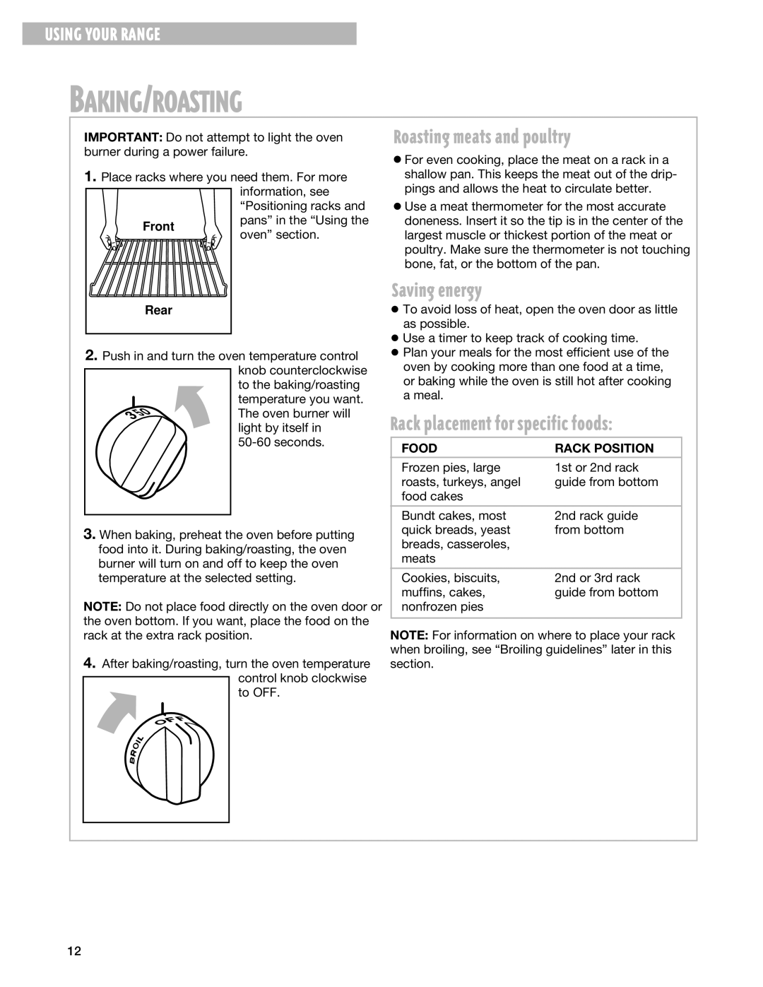 Whirlpool SF302BSG Roasting meats and poultry, Saving energy, Rack placement for specific foods, Food Rack Position 