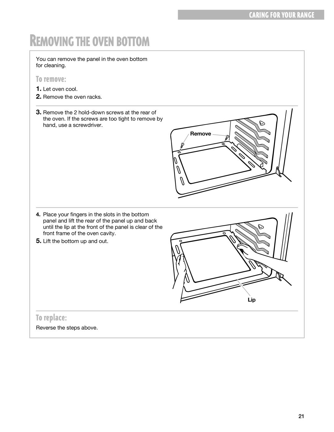 Whirlpool SF302BSG, SF3000SG, SF3020SG warranty Removing the Oven Bottom, Remove, Lip 