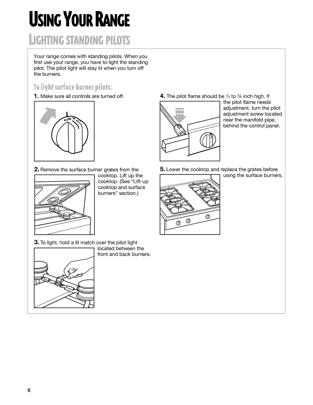 Whirlpool SF302BSG, SF3000SG, SF3020SG warranty Using Your Range, Lighting Standing Pilots 