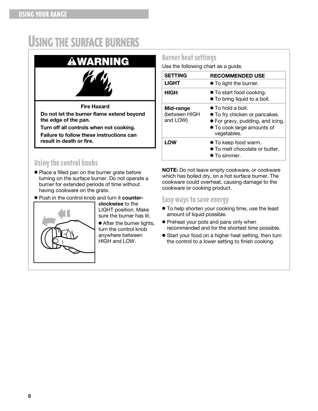 Whirlpool SF3020SG Using the Surface Burners, Using the control knobs Burner heat settings, Easy ways to save energy 