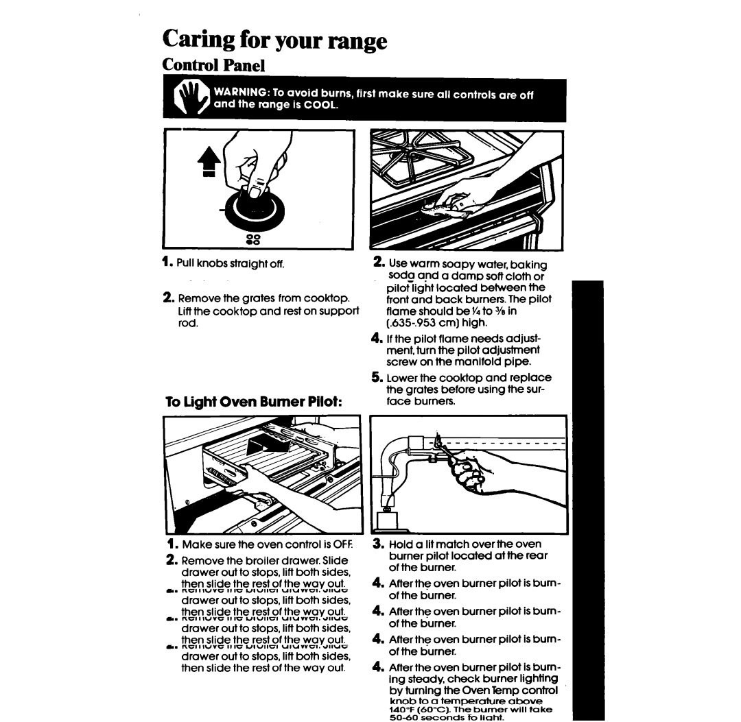 Whirlpool SF302BSR, SF302EER, SF3020ER, SF302BER, SF3020SR, SF305ESR, SF332BSR, SF332BER Caring for your range, Control Panel 