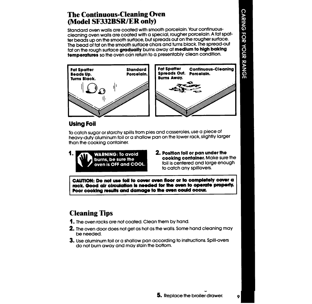 Whirlpool SF302BER, SF302BSR, SF302EER, SF3020ER, SF3020SR, SF305ESR, SF332BSR, SF332BER, SF305EER manual Cleaning Tips, Using Foil 