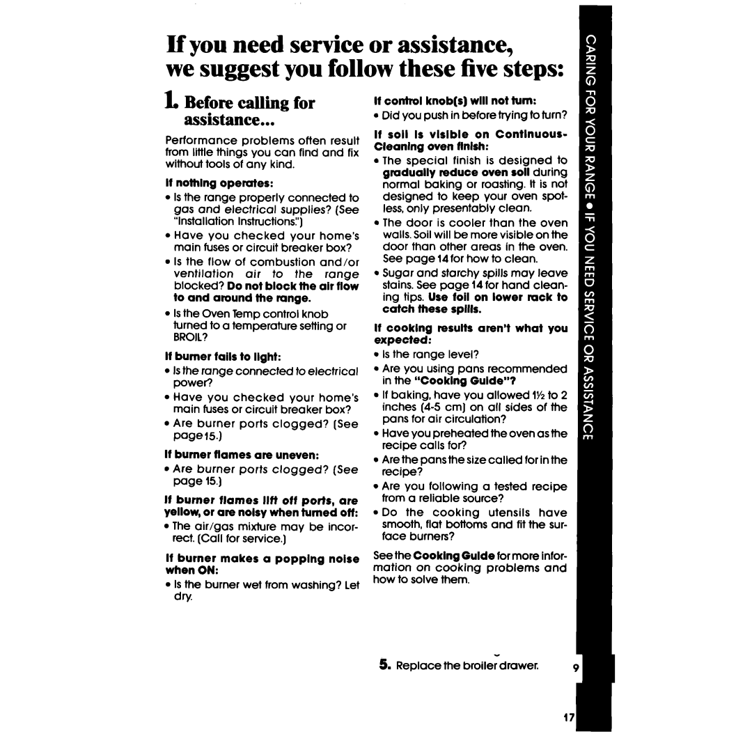 Whirlpool SF332BER, SF302BSR, SF302EER, SF3020ER, SF302BER, SF3020SR, SF305ESR manual Lo Before calling for Assistance, Broil? 