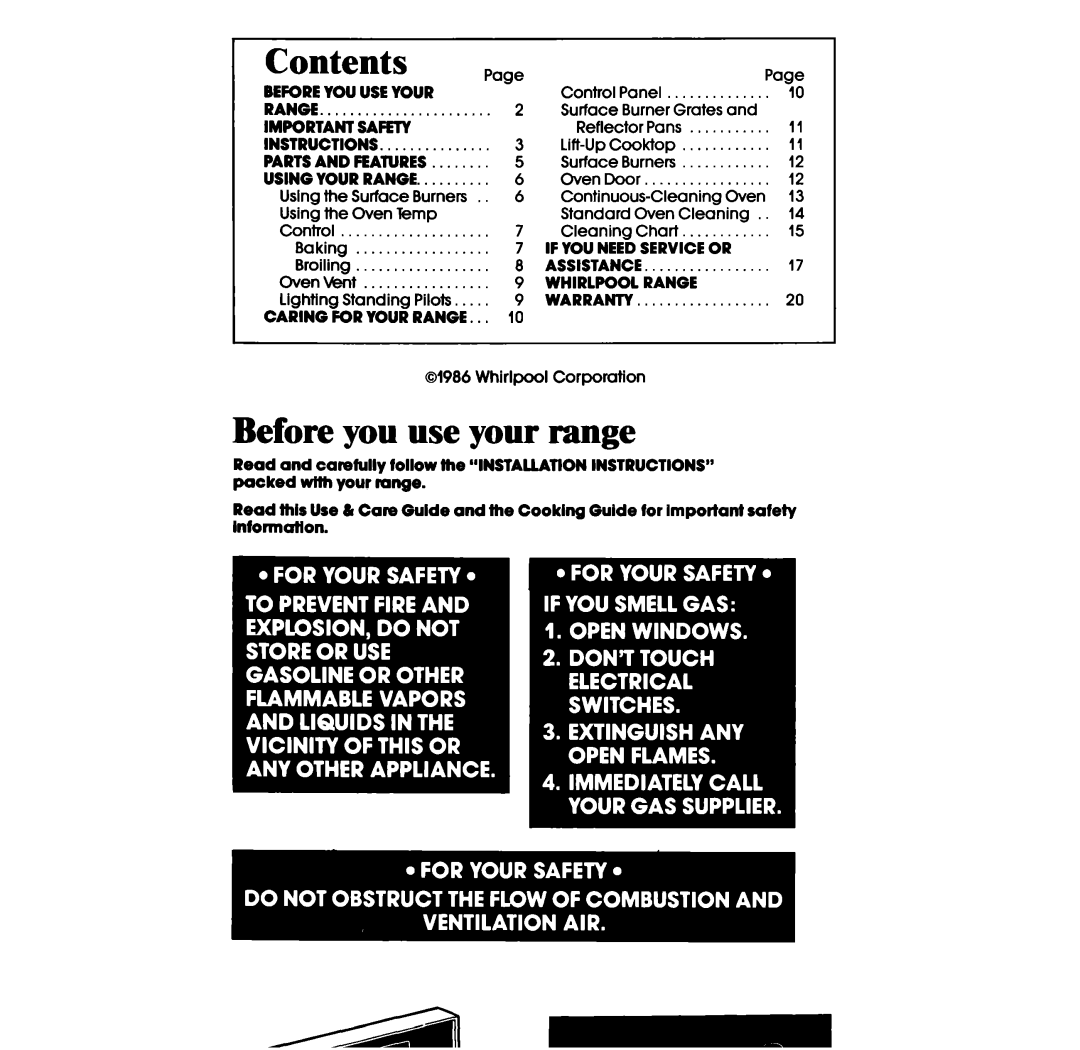 Whirlpool SF3020ER, SF302BSR, SF302EER, SF302BER, SF3020SR, SF305ESR, SF332BSR, SF332BER Before you use your range, Contents 