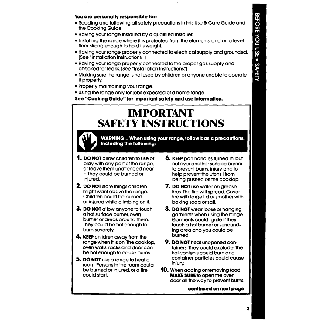 Whirlpool SF302BER, SF302BSR, SF302EER, SF3020ER, SF3020SR, SF305ESR, SF332BSR, SF332BER, SF305EER, SF302ESR Safety Instructions 