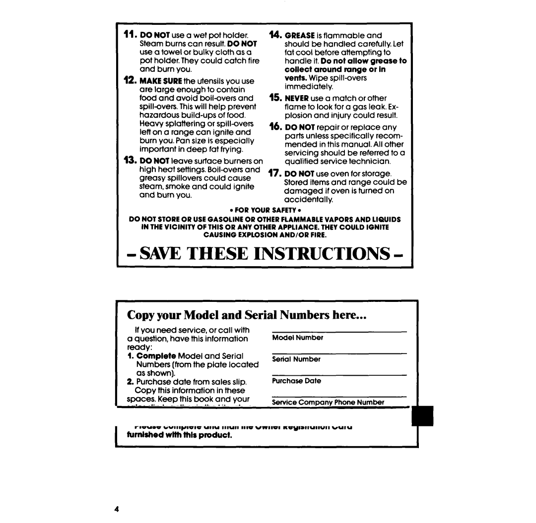 Whirlpool SF3020SR, SF302BSR, SF302EER, SF3020ER, SF302BER SAW These Instructions, Copy your Model and Serial Numbers here 