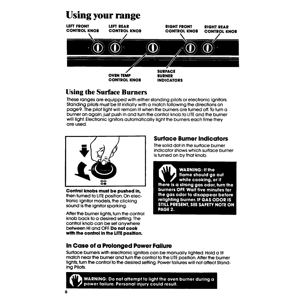 Whirlpool SF332BSR, SF302BSR, SF302EER, SF3020ER manual Using your range, Using the Surface Burners, Surface Burner Indicators 