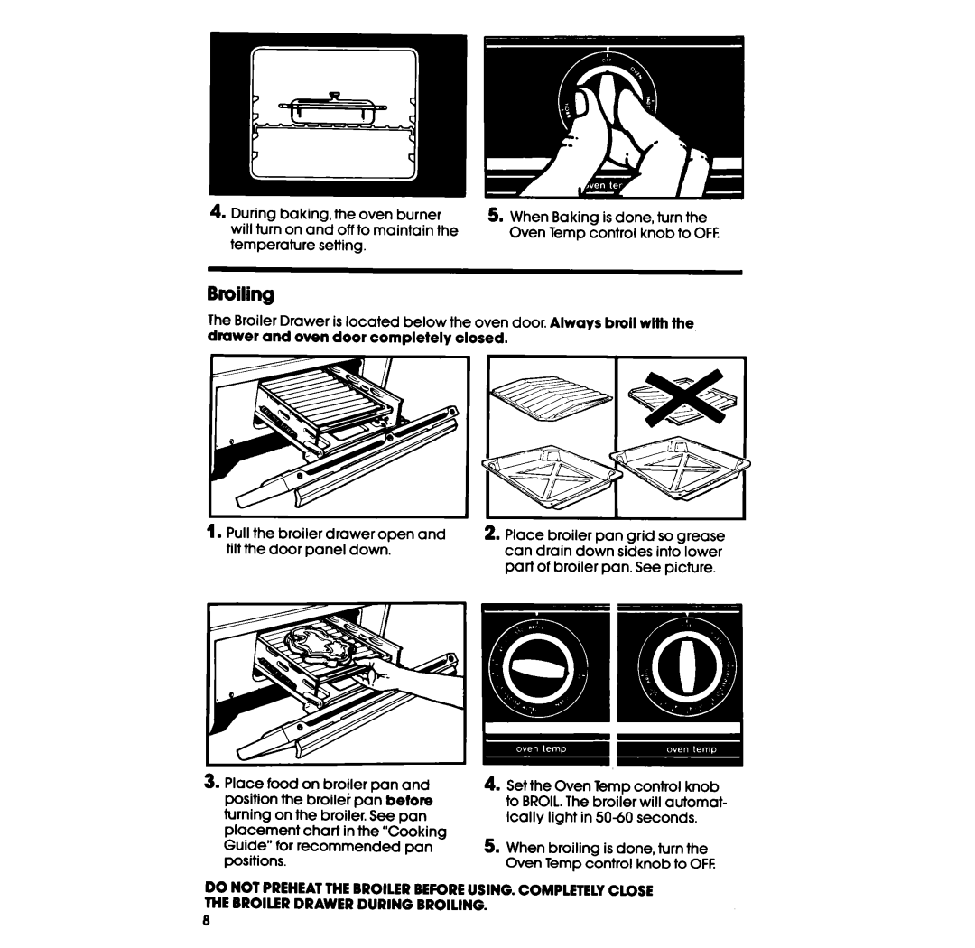 Whirlpool SF305EER, SF302BSR, SF302EER, SF3020ER, SF302BER, SF3020SR, SF305ESR, SF332BSR, SF332BER, SF302ESR manual Broiling 