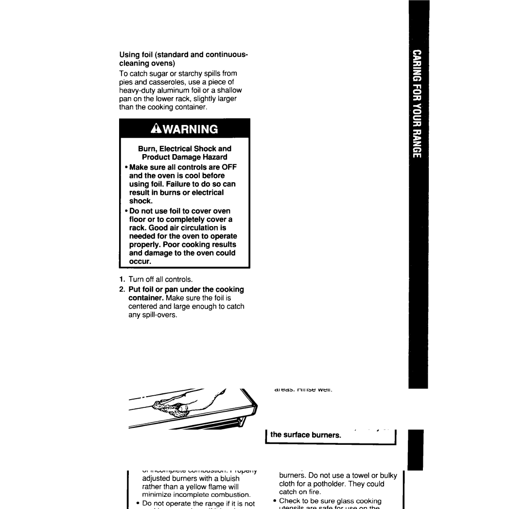 Whirlpool SF302BEW, SF302BSW, SF3020SW, SF3020EW, SF332BEW, SF332BSW manual Using foil standard and continuous- cleaning ovens 