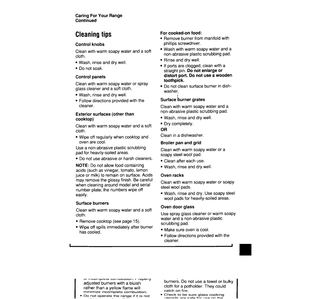 Whirlpool SF3020SW, SF302BSW, SF302BEW, SF3020EW, SF332BEW, SF332BSW manual Cleaningtips, Caring For Your Range 