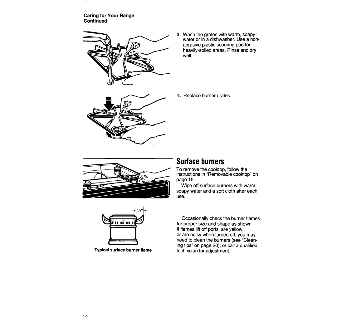 Whirlpool SF304BSW, SF302BSW/EW, SF332BSW/EW manual Surfaceburners, Caring for Your Range 