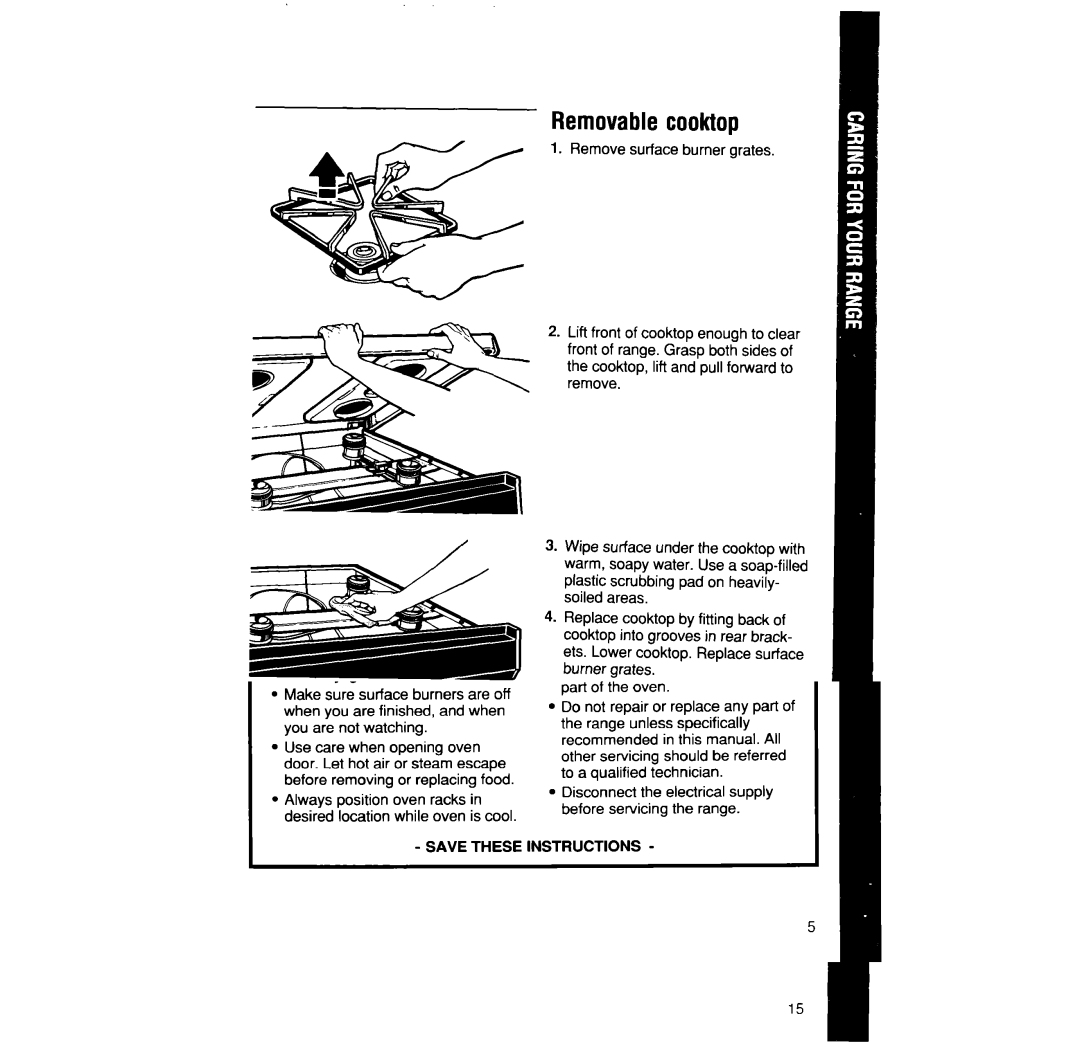 Whirlpool SF302BSW/EW, SF332BSW/EW, SF304BSW manual Removablecooktop, Personal Injury and Product Damage Hazard 