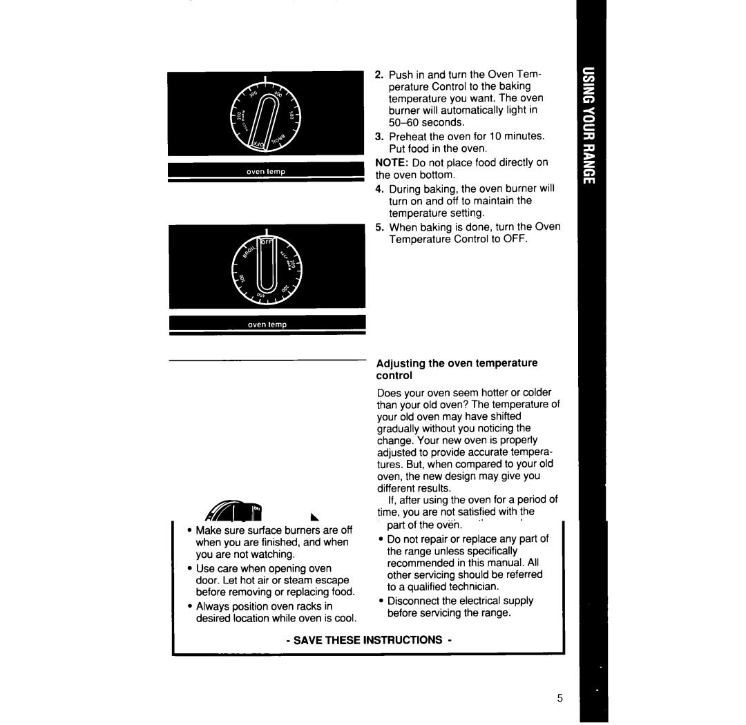 Whirlpool SF302BSW/EW, SF332BSW/EW, SF304BSW manual Adjusting the oven temperature control 