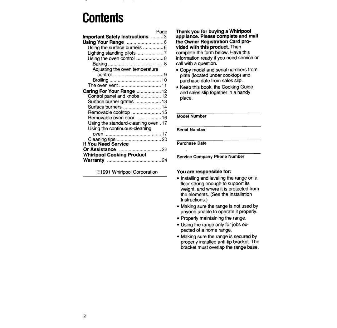 Whirlpool SF304BSW, SF302BSW/EW, SF332BSW/EW manual Contents 