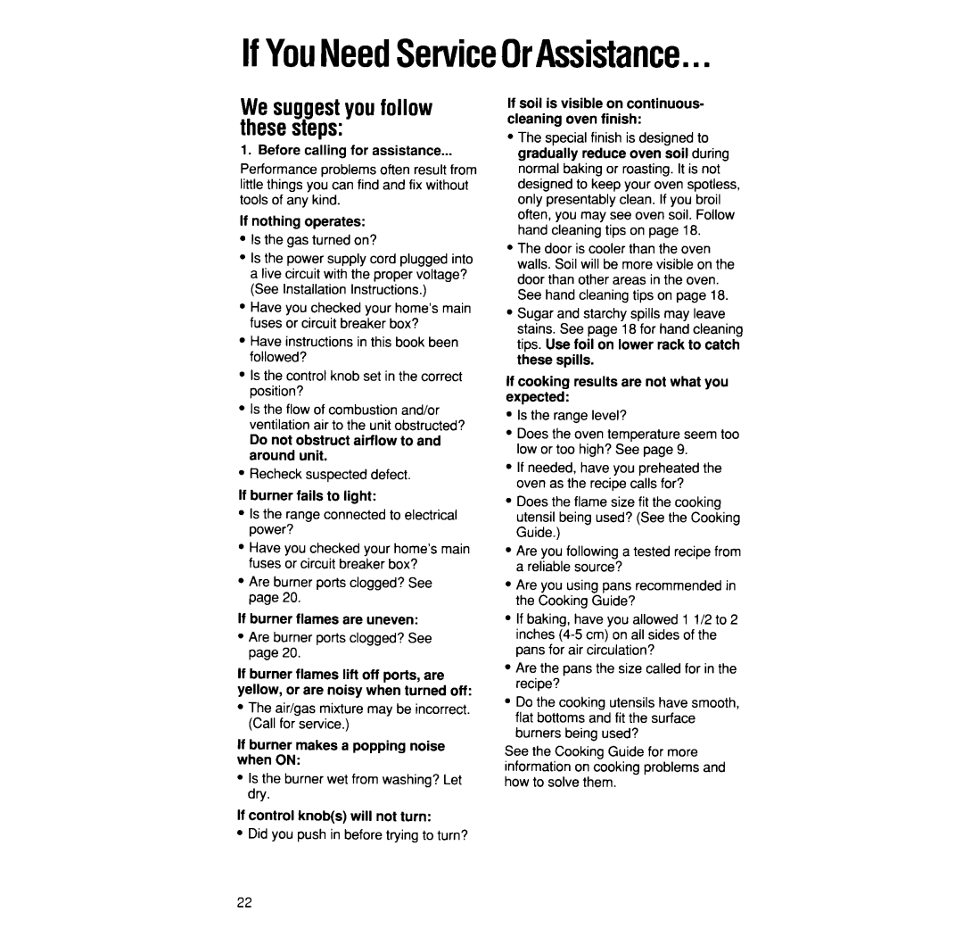 Whirlpool SF332BSW/EW manual Wesuggestyou follow thesesteps, IfYouNeedServiceOrAssistance, Before calling for assistance 