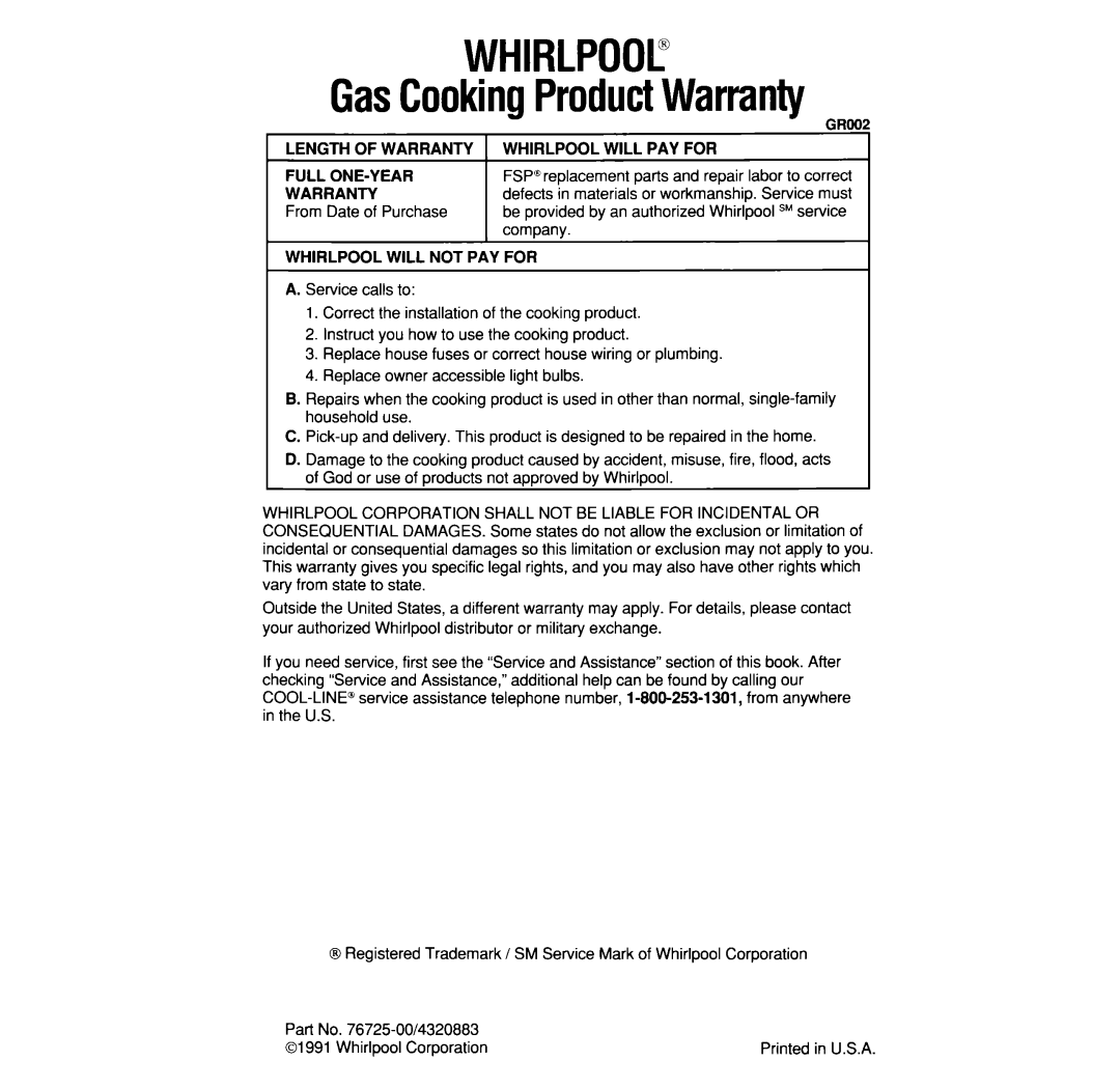 Whirlpool SF302BSW/EW, SF332BSW/EW WHIRLPOOL@ GasCookingProductWarranty, Groo Length Of Warranty Whirlpool Will Pay For 