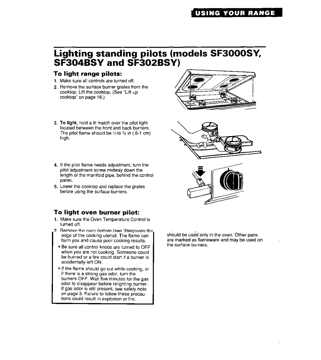 Whirlpool SF304BSY, SF302BSY/BEY, SF3000SY/EY important safety instructions To light range pilots, To light oven burner pilot 