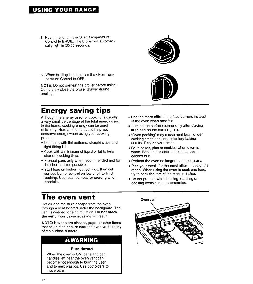 Whirlpool SF304BSY, SF302BSY/BEY, SF3000SY/EY important safety instructions Energy saving tips, Oven vent 