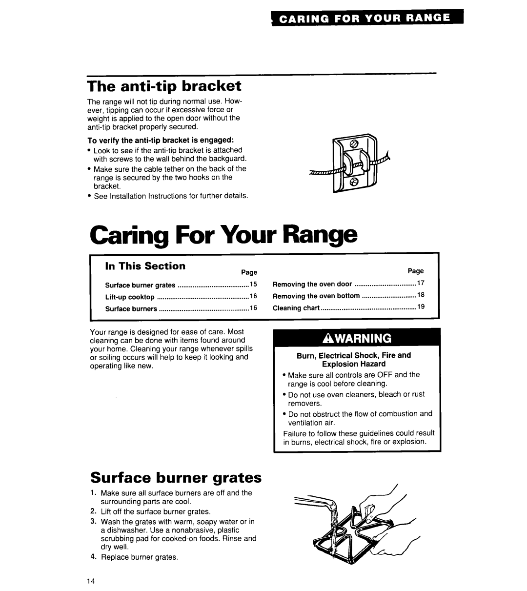 Whirlpool SF302BSY/BEY, SF3000SY/EY, SF304BSY Caring For Your Range, Anti-tip bracket, Surface burner grates 