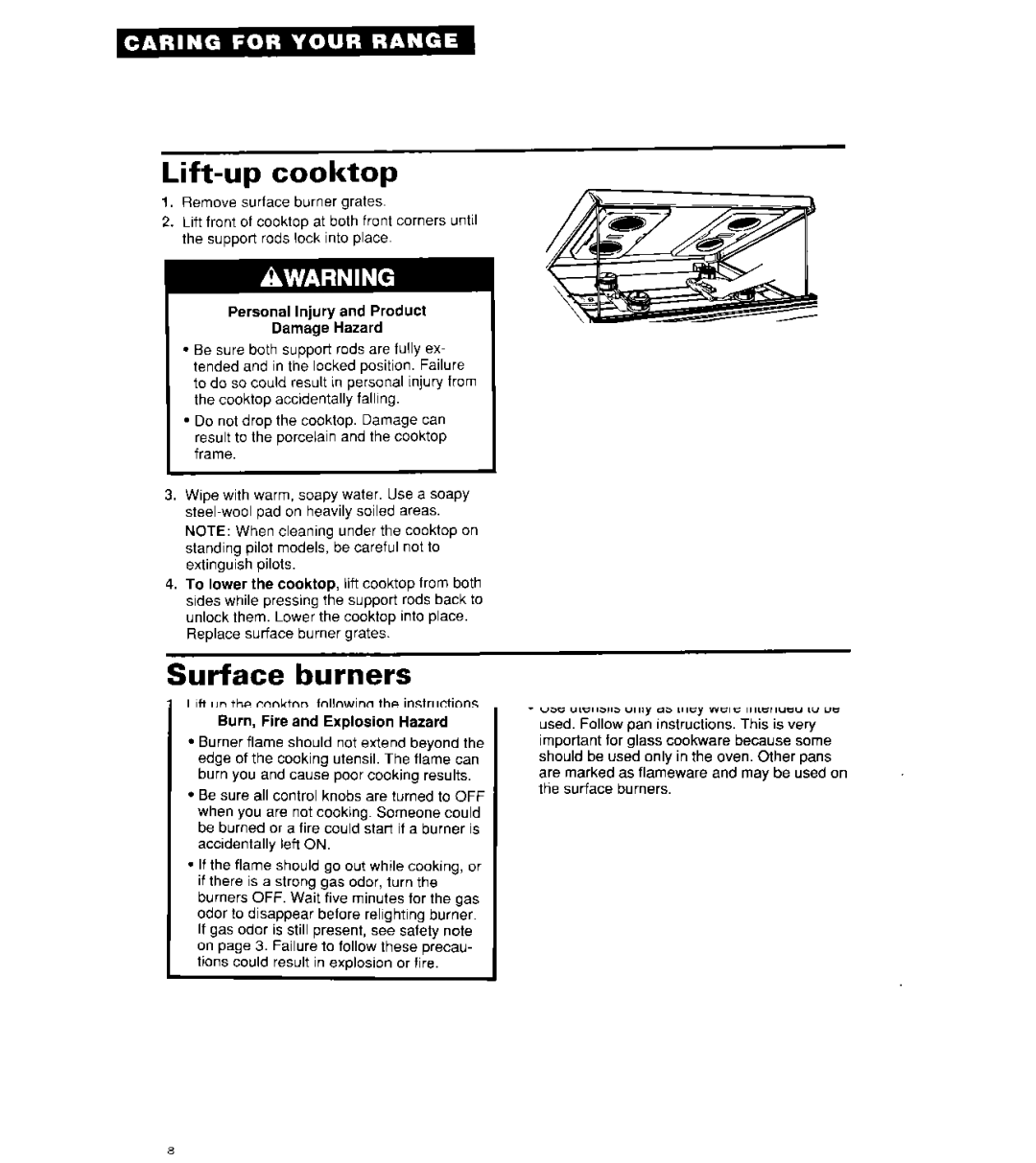 Whirlpool SF3000SY/EY, SF302BSY/BEY, SF304BSY important safety instructions Lift-up cooktop, Surface burners 