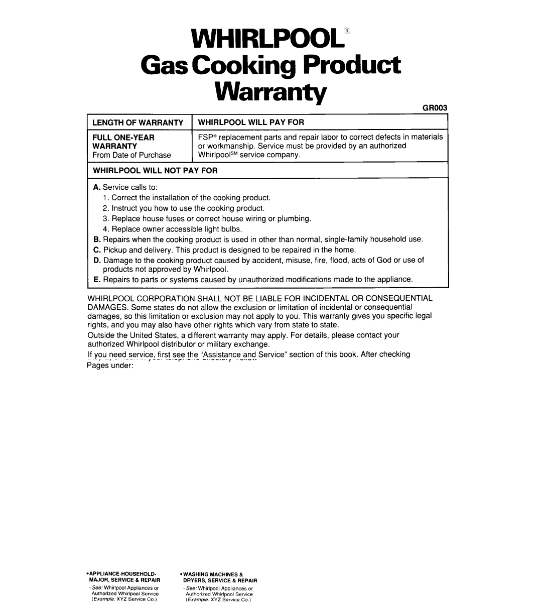 Whirlpool SF302BSY/BEY, SF3000SY/EY, SF304BSY Gas Cooking Product Warranty, Length of Warranty, Groo Whirlpool will PAY for 