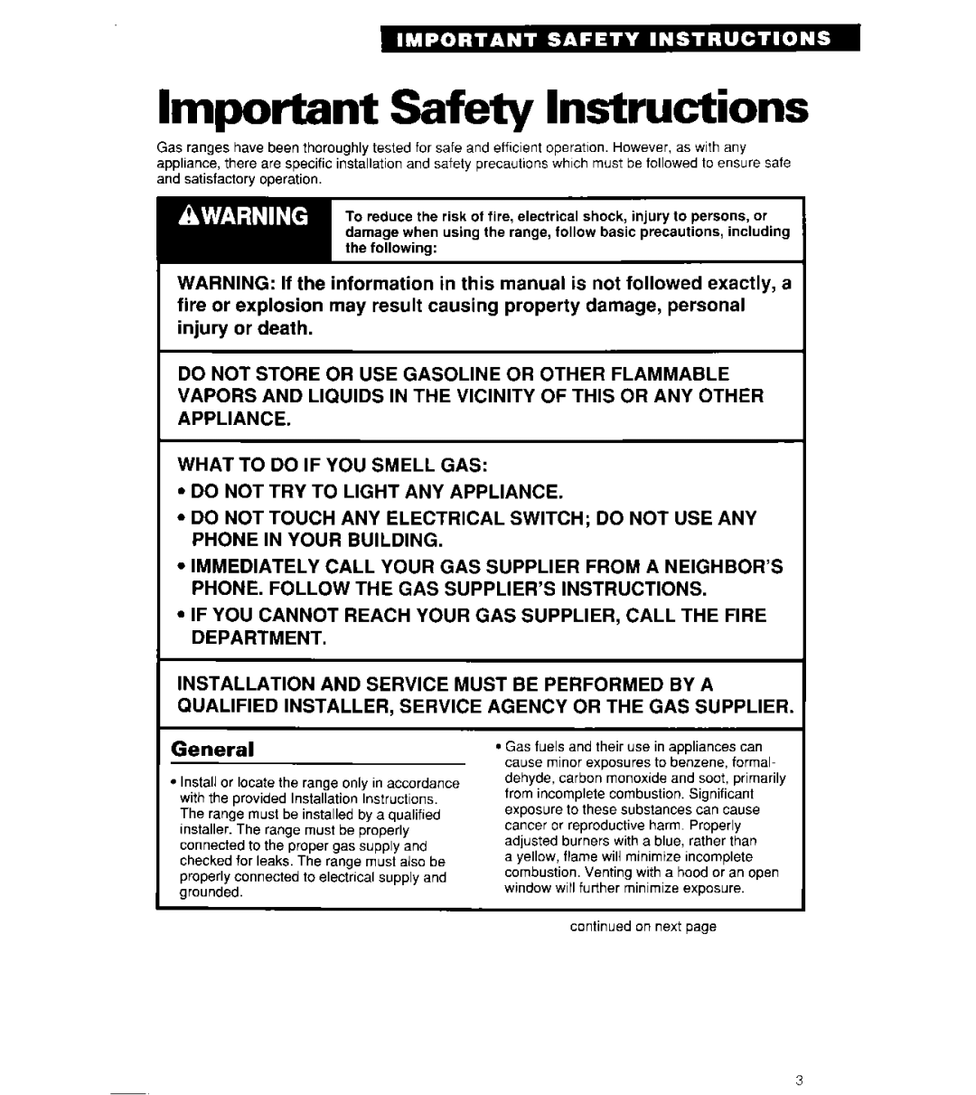 Whirlpool SF302BSY/BEY, SF3000SY/EY, SF304BSY Important Safety Instructions, Injury or death, General 