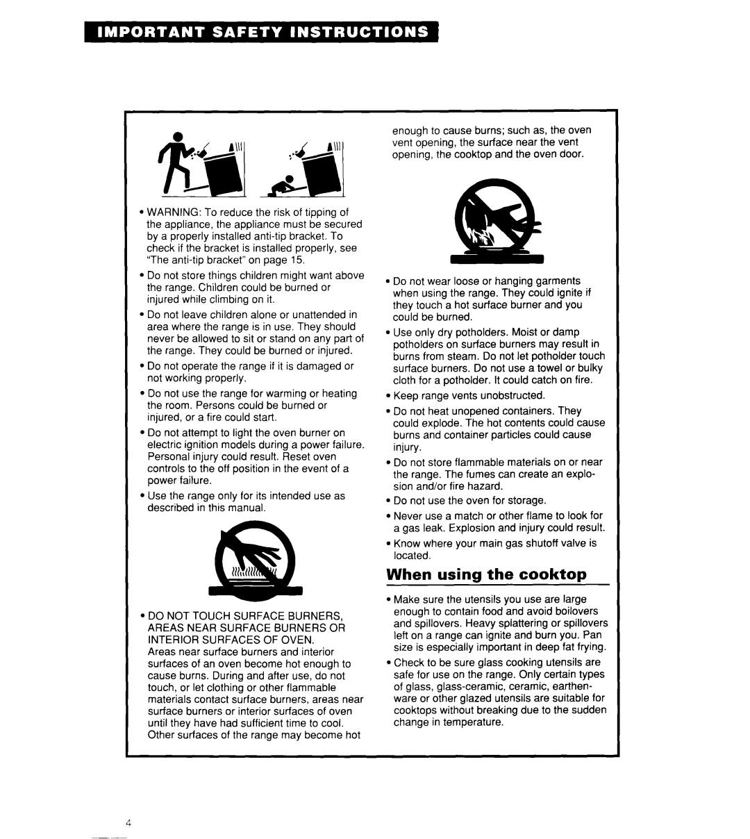 Whirlpool SF3000SY/EY, SF302BSY/BEY, SF304BSY important safety instructions When using the cooktop 