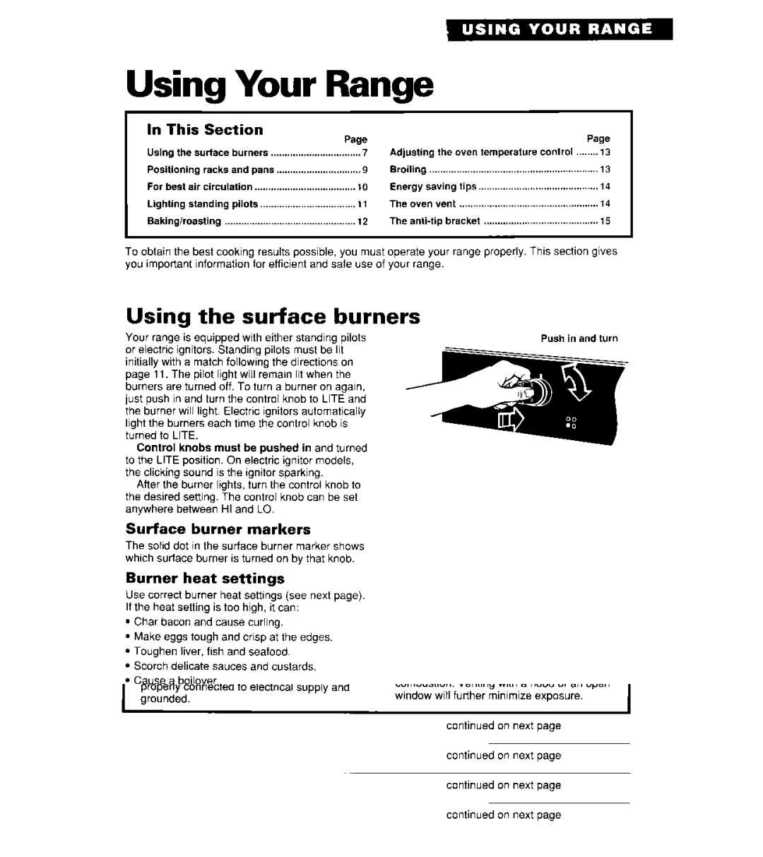 Whirlpool SF3000SY/EY Using Your Range, Using Surface Burners, This Section, Surface burner markers, Burner heat settings 