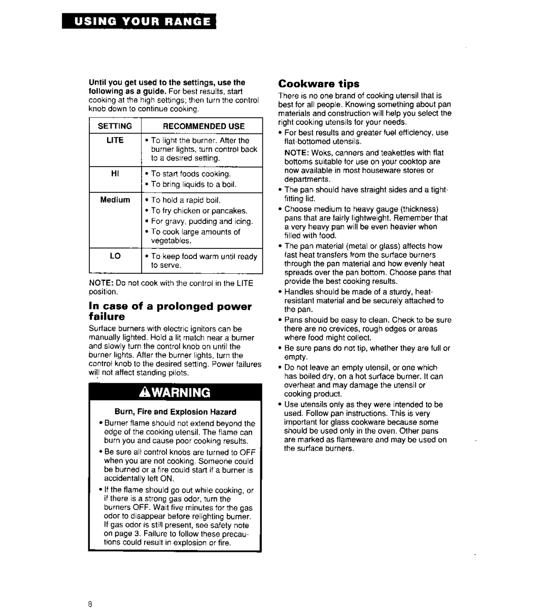 Whirlpool SF304BSY, SF302BSY/BEY, SF3000SY/EY important safety instructions Case of a prolonged power failure, Cookware tips 