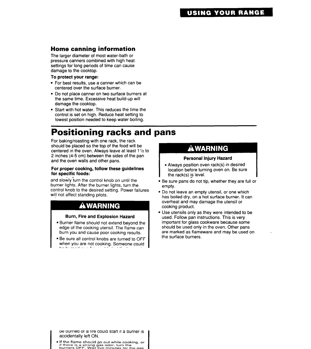 Whirlpool SF302BSY/BEY, SF3000SY/EY, SF304BSY important safety instructions Positioning racks, Pans, Home canning information 