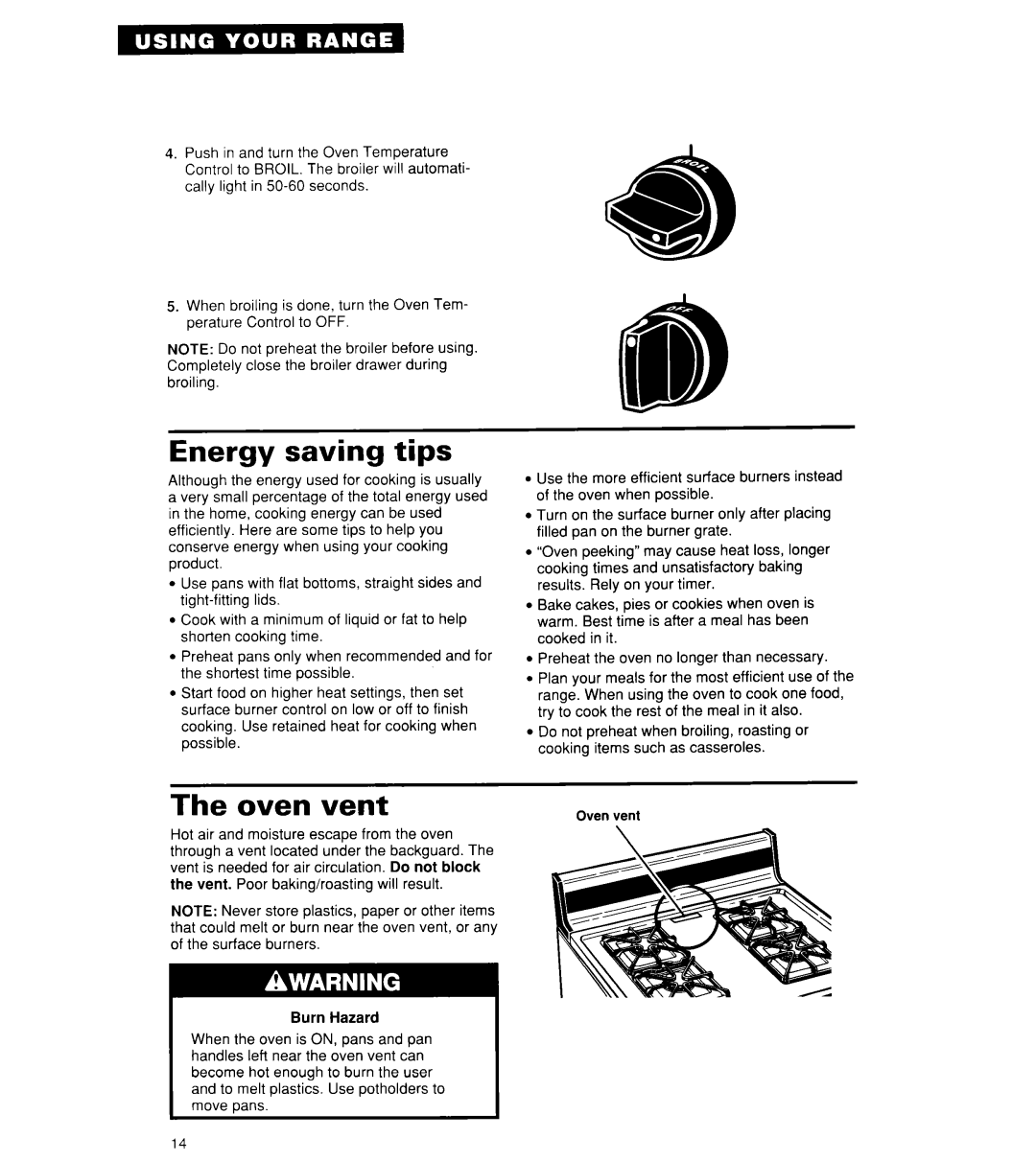 Whirlpool SF304BSY, SF302BSY/BEY, SF3000SY/EY important safety instructions Energy saving tips, The oven vent 