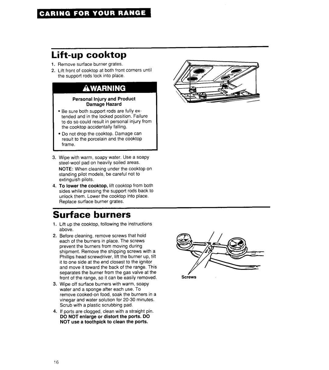 Whirlpool SF3000SY/EY, SF302BSY/BEY, SF304BSY important safety instructions Lift-upcooktop, Surface burners 