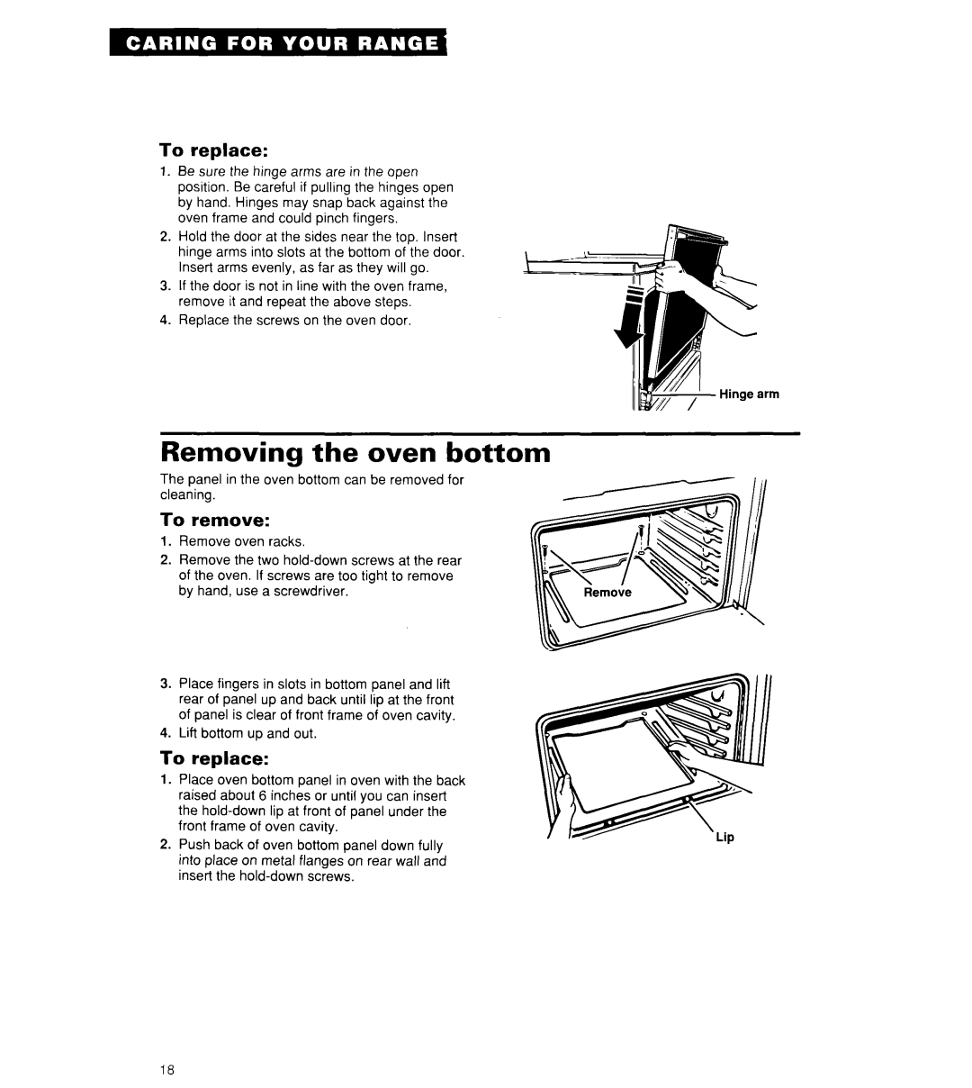 Whirlpool SF302BSY/BEY, SF3000SY/EY, SF304BSY important safety instructions Removing the oven bottom, To replace, To remove 
