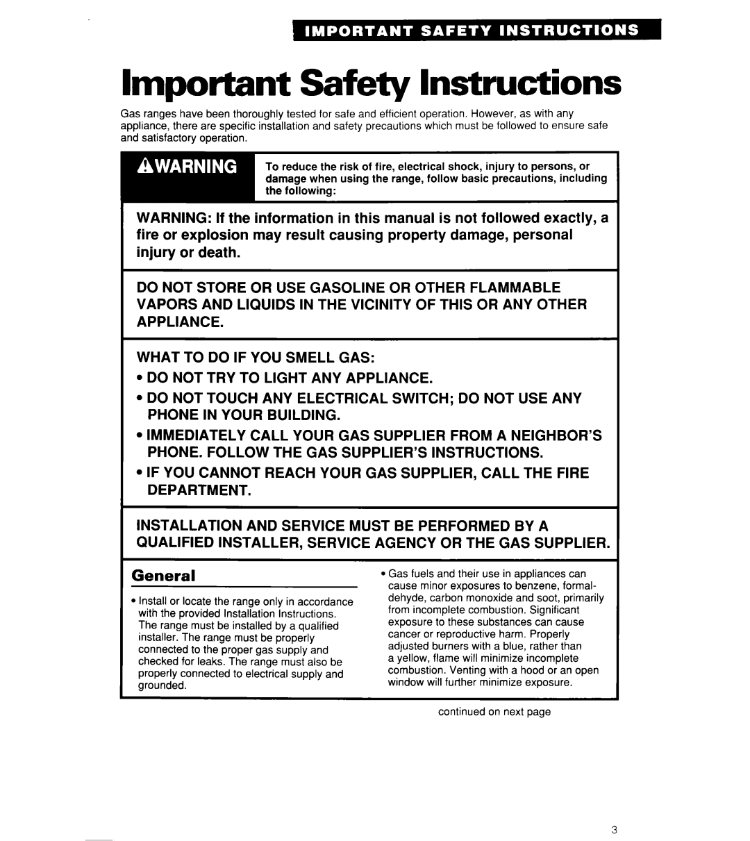 Whirlpool SF302BSY/BEY, SF3000SY/EY, SF304BSY important safety instructions Important Safety Instructions 