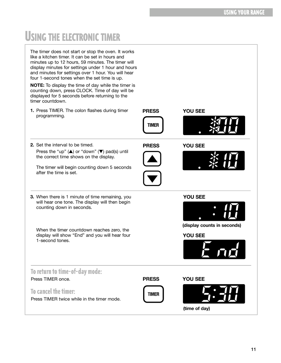 Whirlpool SF310BEG warranty Using the Electronic Timer, To return to time-of-day mode, To cancel the timer 