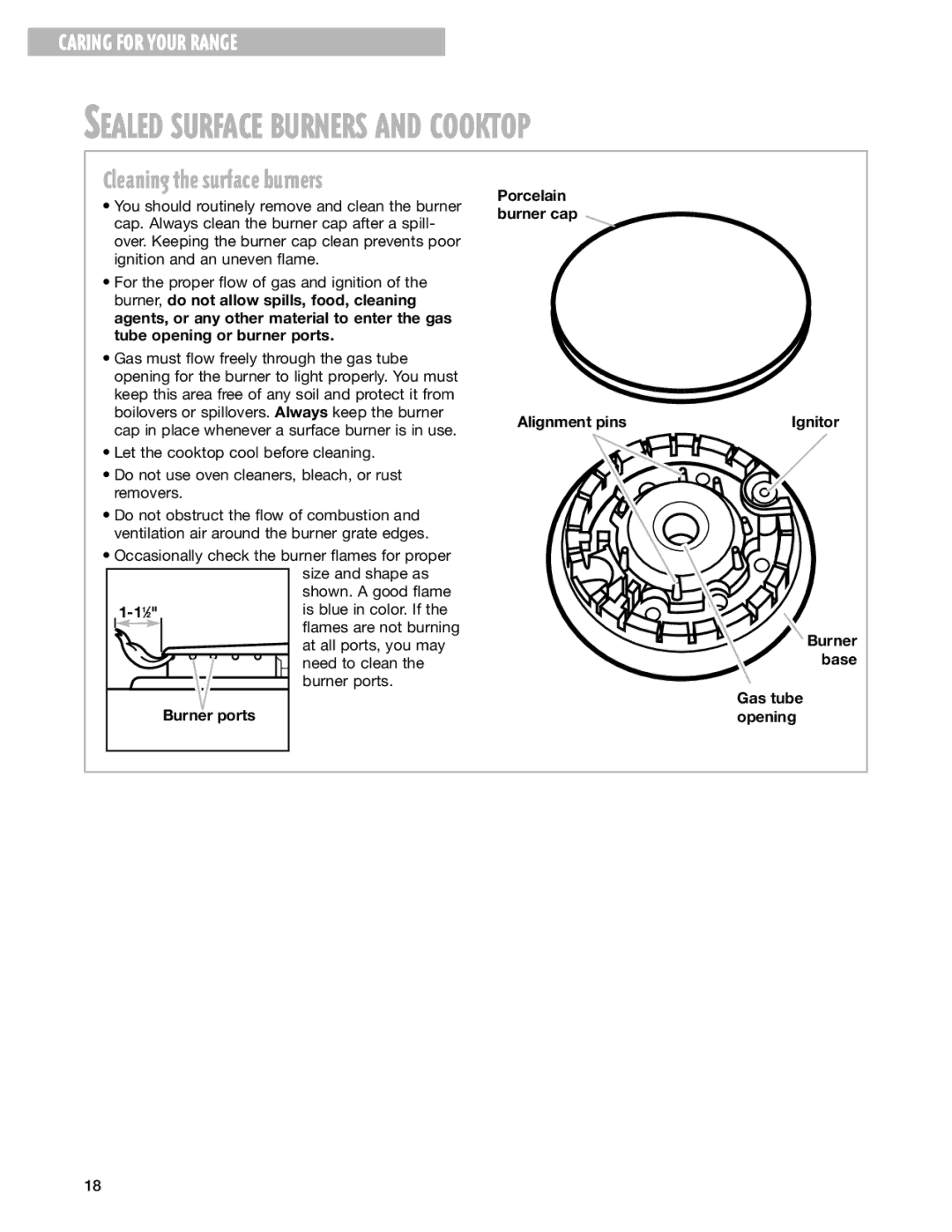 Whirlpool SF310BEG warranty Cleaning the surface burners, Burner ports Porcelain burner cap Alignment pins 