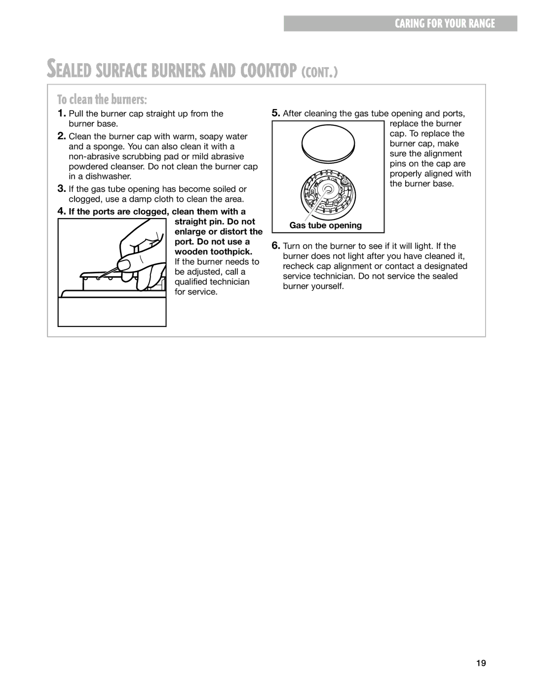 Whirlpool SF310BEG warranty Sealed Surface Burners and Cooktop, To clean the burners 