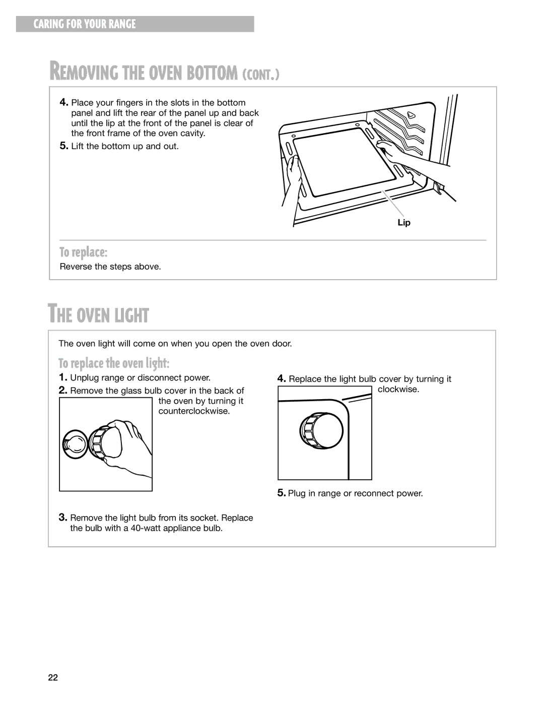 Whirlpool SF310BEG warranty Oven Light, Lip 