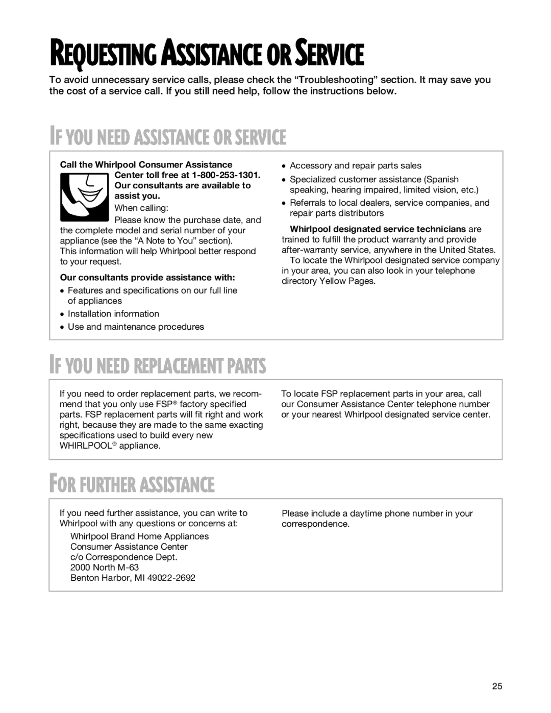 Whirlpool SF310BEG warranty Requesting Assistance or Service, Our consultants provide assistance with 