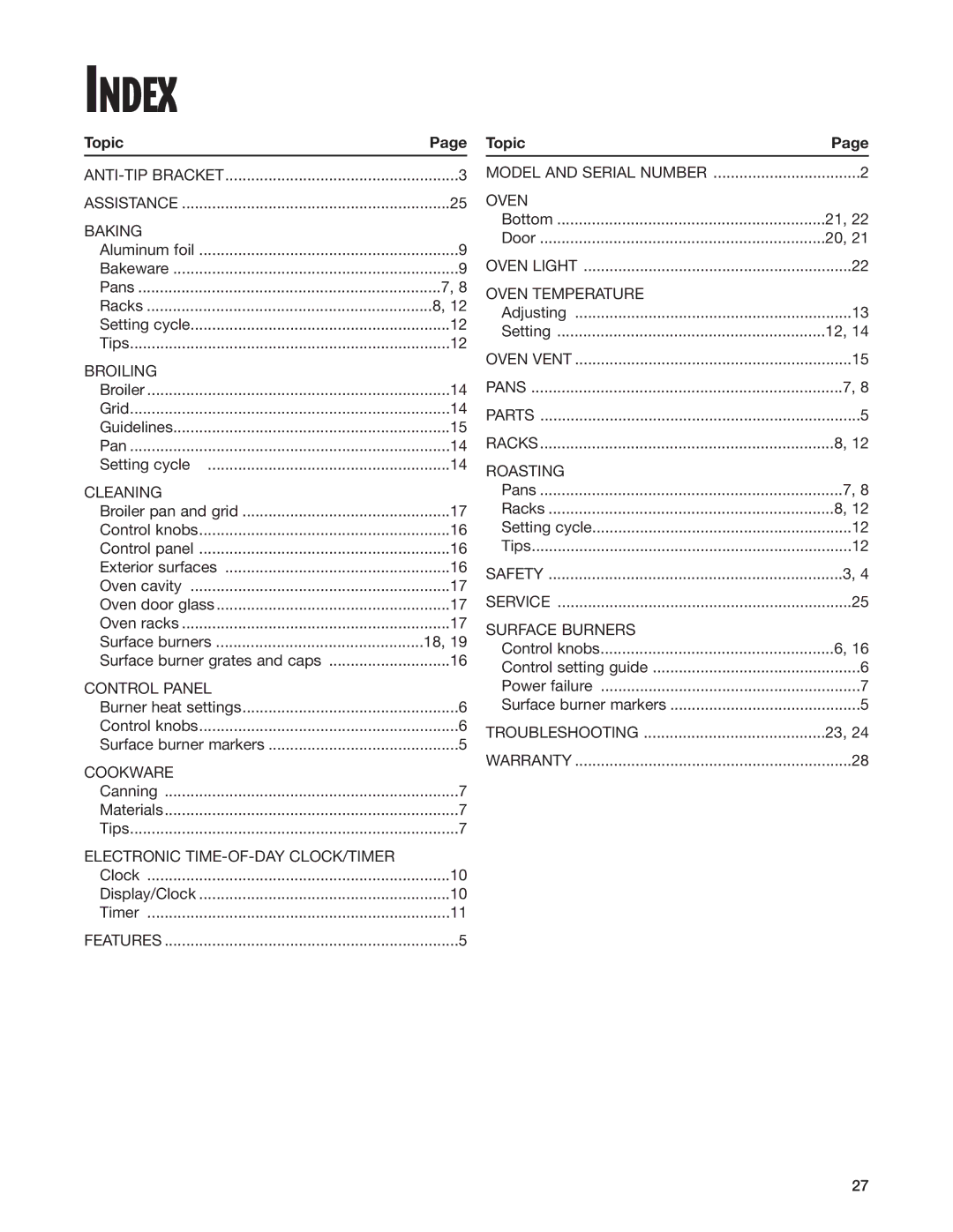 Whirlpool SF310BEG warranty Index, Topic 