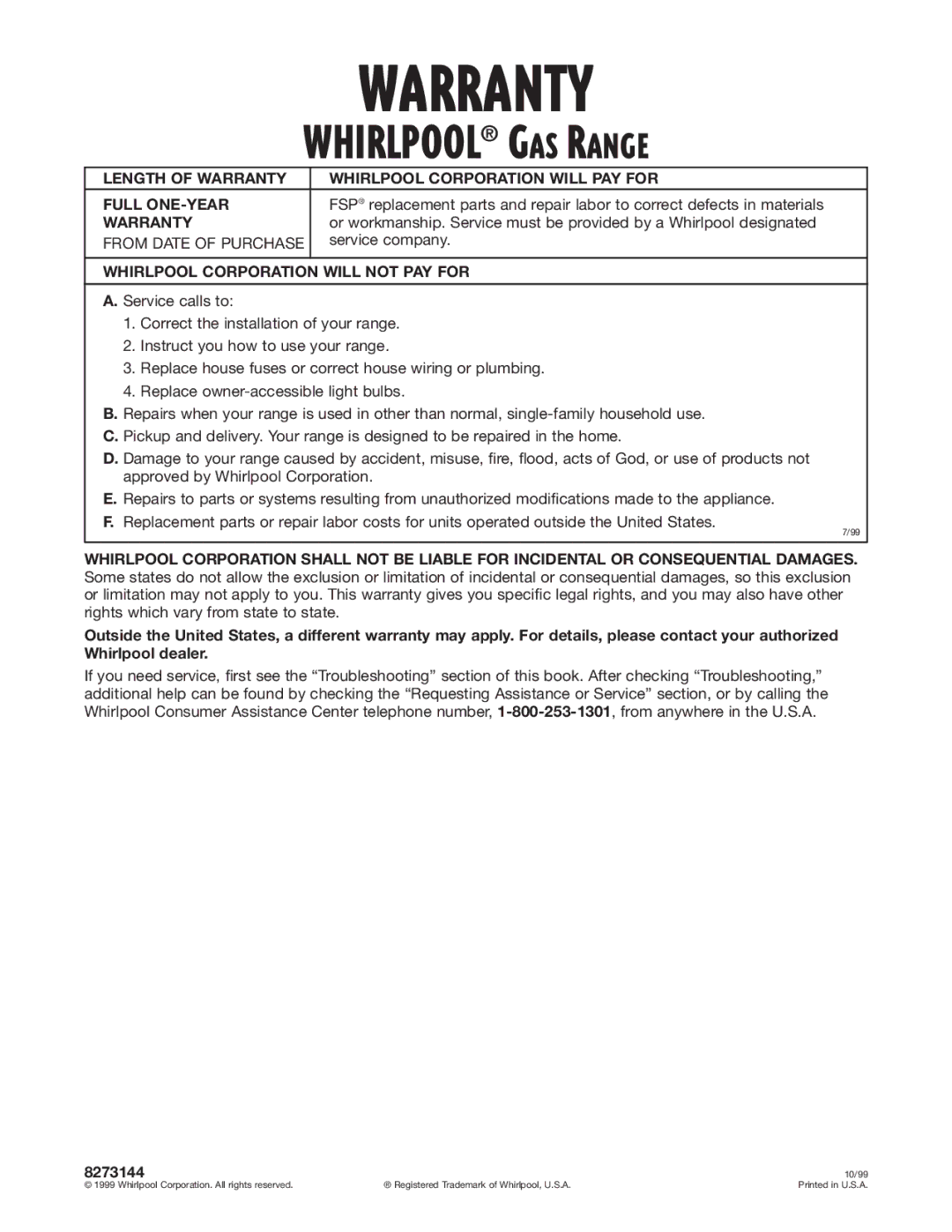 Whirlpool SF310BEG warranty Warranty, From Date of Purchase, Service company, Whirlpool Corporation will not PAY for 