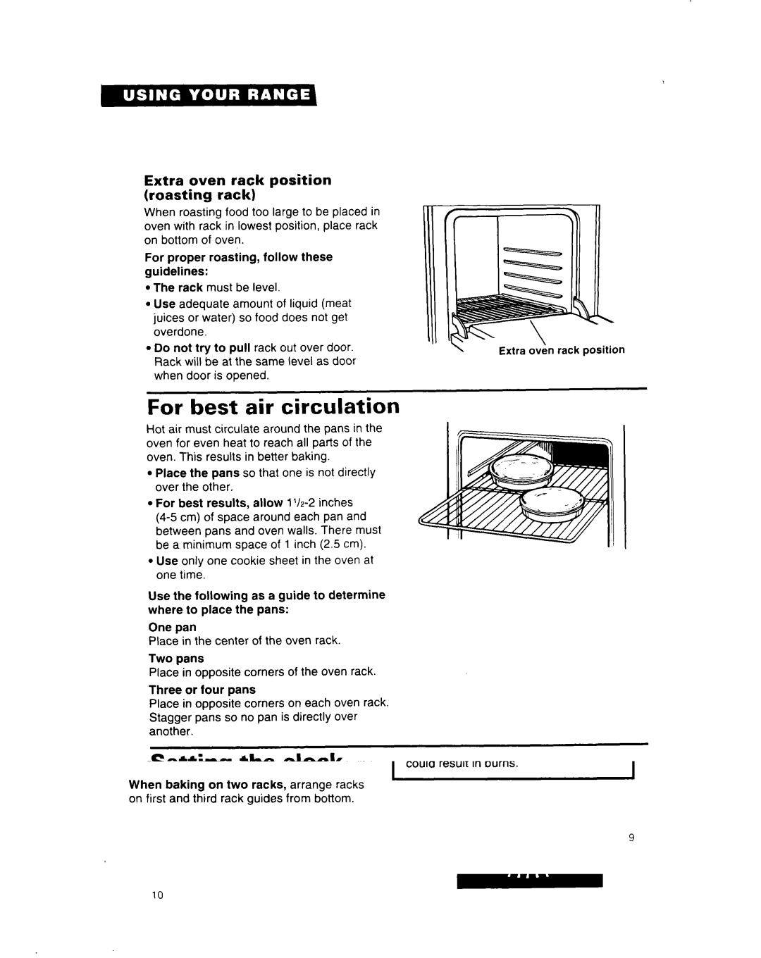 Whirlpool SF312PEW For best air circulation, Setting the clock, Extra oven rack position Roasting rack 