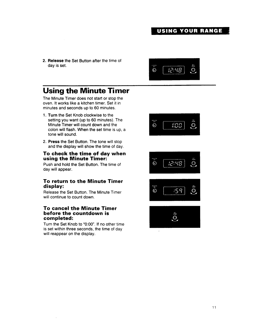 Whirlpool SF312PEW Using the Minute Timer, To check the time of day when using the Minute Timer 